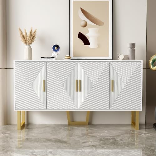 Aparador de salón blanco moderno con 4 puertas texturizadas, frente brillante, tiradores dorados, mueble elegante, 150x40x82 cm
