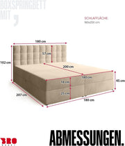 Cama boxspring BROMARKT con colchón Bonell y arcón, cama de matrimonio con topper 180x200cm, grado de firmeza H3, cama para dormitorio con cabecero tapizado, Detroit beige