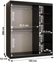 Armario de puertas correderas KRYSPOL Marmur T de 150 cm con barra para ropa y estante, armario para dormitorio o salón, diseño moderno (negro mate + mármol negro, cajones: 0)