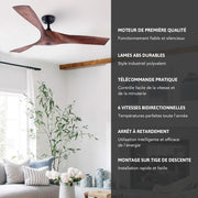 VONLUCE Ventilador de Techo Ø132CM 52 Pulgadas 3 Aspas sin Luz con Mando a Distancia Motor DC Silencioso Reversible 6 Velocidades para Dormitorio Patios Salón Granja, Nogal