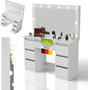 Tocador Juskys Lilia con espejo LED, 7 cajones, 3 niveles de iluminación, gran espacio de almacenamiento, diseño moderno, compacto y de fácil mantenimiento para el maquillaje - Blanco