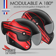 Casco ROOF Boxxer con doble homologación Jet/Integral - Color Sting Negro Rojo - Casco de gama alta en fibra de vidrio - Apertura secuencial con una mano - Oferta directa de fábrica - Garantía de 4 años