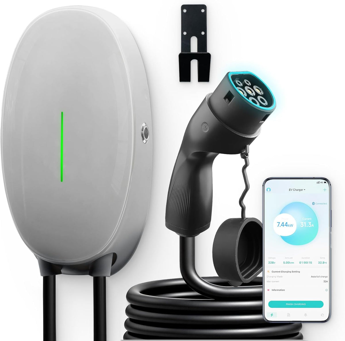 WISSENERGY Wallbox 7.4kW Tipo 2 con control por aplicación, estación de carga para coche eléctrico compatible con conectividad Bluetooth estándar, cargador monofásico IEC 62196-2, cable de 32A y 6M