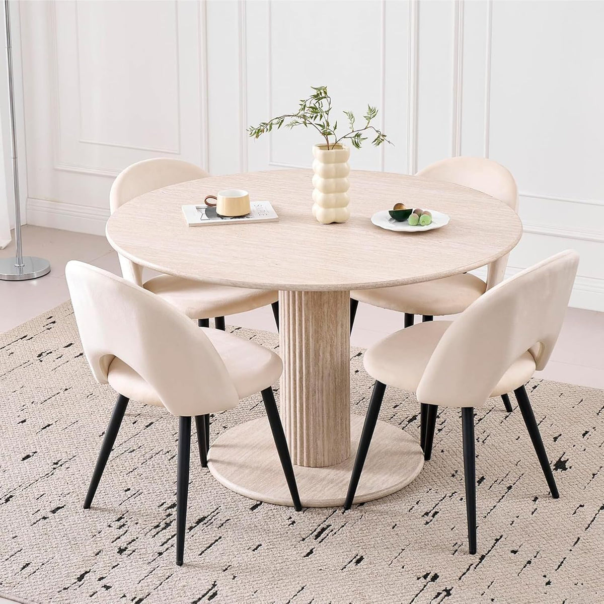 Mesa de comedor redonda de 115 cm con 4 sillas, mesa de cocina de MDF (textura de travertino) y 4 sillas para cocina, comedor, salón y oficina (beige)