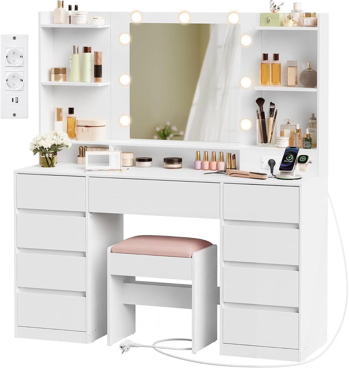 Colección VASAGLE Kailyn - Tocador con espejo y luces LED, taburete, regleta, 9 cajones, 9 bombillas regulables, 3 colores de luz, rieles deslizantes sin herramientas, blanco nube