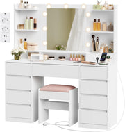 Colección VASAGLE Kailyn - Tocador con espejo y luces LED, taburete, regleta, 9 cajones, 9 bombillas regulables, 3 colores de luz, rieles deslizantes sin herramientas, blanco nube