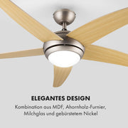 Klarstein Bolero - Ventilador de techo 2 en 1, diámetro de 134 cm, lámpara de 55 W de potencia, aspas de madera, control remoto, 50 dB, 3 velocidades: rápida, media, lenta, arce