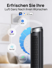 DREO Smart Turmventilator Sehr Leise, 90° Oszillierend Standventilator für Schlafzimmer, 7.9 m/s Windstärke, 5 Stufen, 4 Modi, Touch/Fernbedienung/App & Sprachsteuerung, Alexa, 12H Timer, Silber
