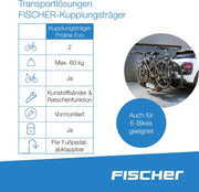 Portabicicletas de enganche Fischer ProlineEvo 2, para 2 bicicletas hasta 60 kg de carga útil, apto para bicicletas eléctricas, premontado, bloqueable, plegable
