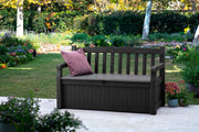 Banco de jardín Keter Eden para balcón y jardín, banco con arcón integrado de 265 l de capacidad, 140x60x84 cm, resistente a la intemperie, de fácil mantenimiento, gris, exterior, efecto madera
