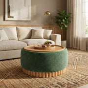 Puf de almacenamiento redondo Polibi con base cilíndrica de madera maciza y tapa reversible