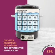 Esterilizador automático WECK WAT14-A de esmalte con termostato de precisión y grifo – Olla conservadora de 29 L, hervidor de vino caliente, extractor de jugo al vapor, máquina para conservas – Fabricado en Alemania, de alta calidad y versátil