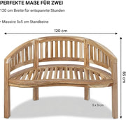 SAM Banco banana de 2 plazas, banco de 120 cm, madera de teca, banco de madera maciza, ideal para balcón o jardín