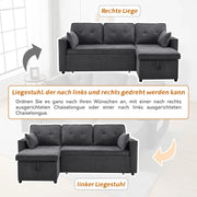 Sofá cama de 3 plazas con portavasos y bolsa lateral en el reposabrazos, sofá en forma de L, reversible a derecha e izquierda, gris