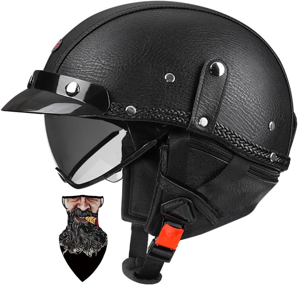 HALYING Casco Jet para Moto Hombre/Mujer Homologado ECE - Semicasco Vintage Retro con Visera Retráctil - Forro Transpirable Desmontable y Lavable - Hebilla Rápida - para Scooter/Cruiser