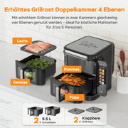 COBNN Freidora de aire vertical de doble compartimento, 11L Dual Zone Airfryer con pantalla a color plegable, 10 programas, ventana de visualización, material ignífugo V0, 2800W