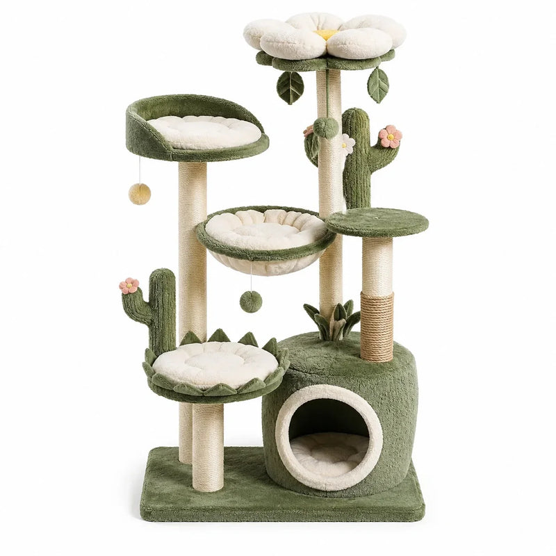 Árbol rascador con diseño de flores y cactus, 70 × 48 × 135 cm, verde y beige, con cueva para gatos, plataformas de descanso y postes de sisal