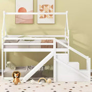Literas tipo casita con tobogán y escaleras de almacenamiento, litera de madera individual sobre individual para niños con techo y escaleras para niñas y niños