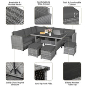 Conjunto de muebles de comedor para patio de 7 piezas de ratán con sofá seccional, mesa de comedor, otomanas y cojines