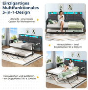 Sofá cama Brinlawb con cama nido, diván de 90x200 (180x200) cm, diván extraíble con iluminación LED y estación de carga (2 tomas de corriente CA, 2 puertos USB), cama individual y cama doble, cama de invitados
