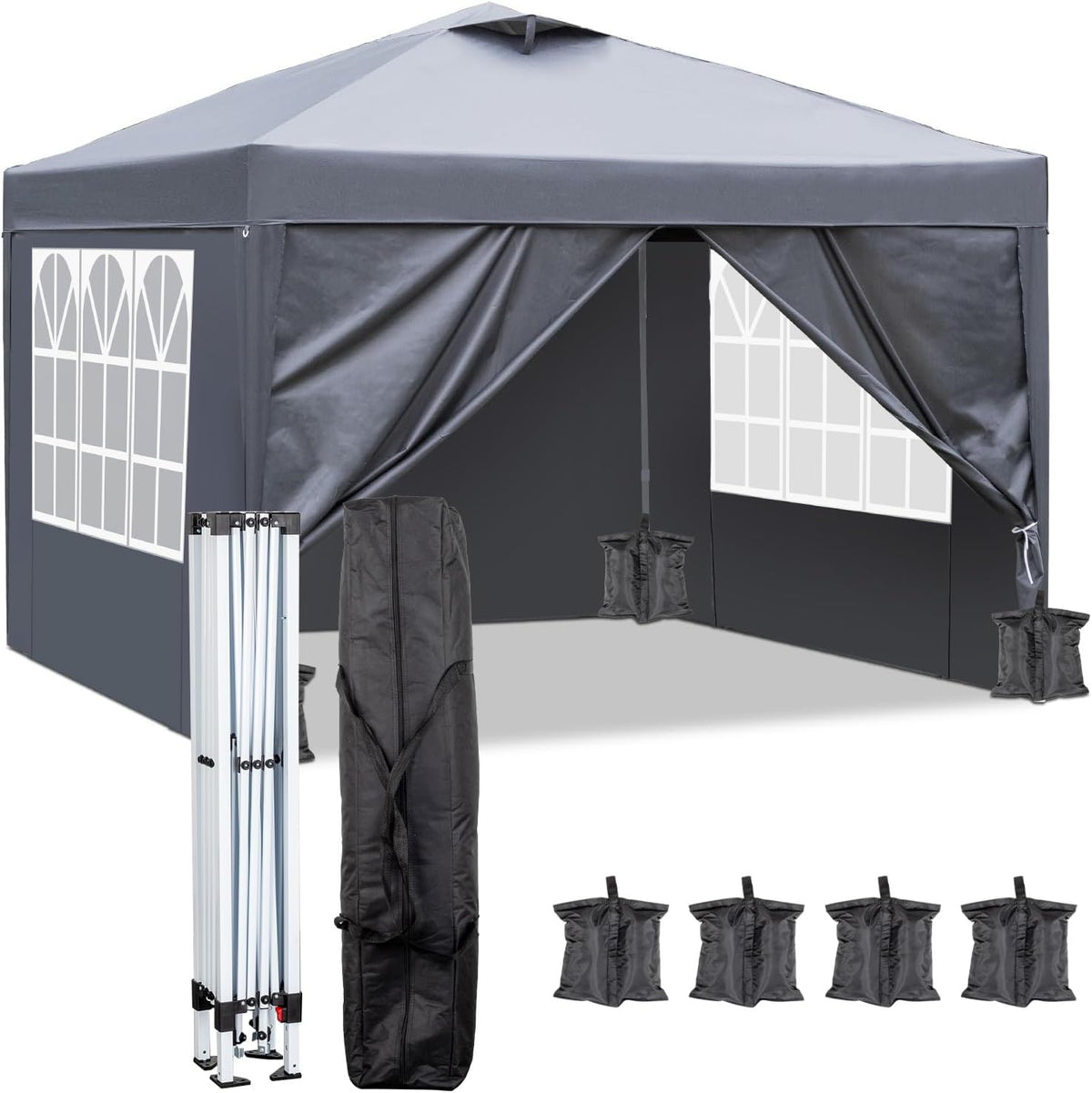 Pabellón plegable pop-up de 3x3 m, impermeable y resistente al invierno, altura ajustable, sistema de ventilación, estructura de acero, protección UV 50+, con 4 paredes laterales y 4 sacos de arena, para jardín, camping, fiesta (Antracita)