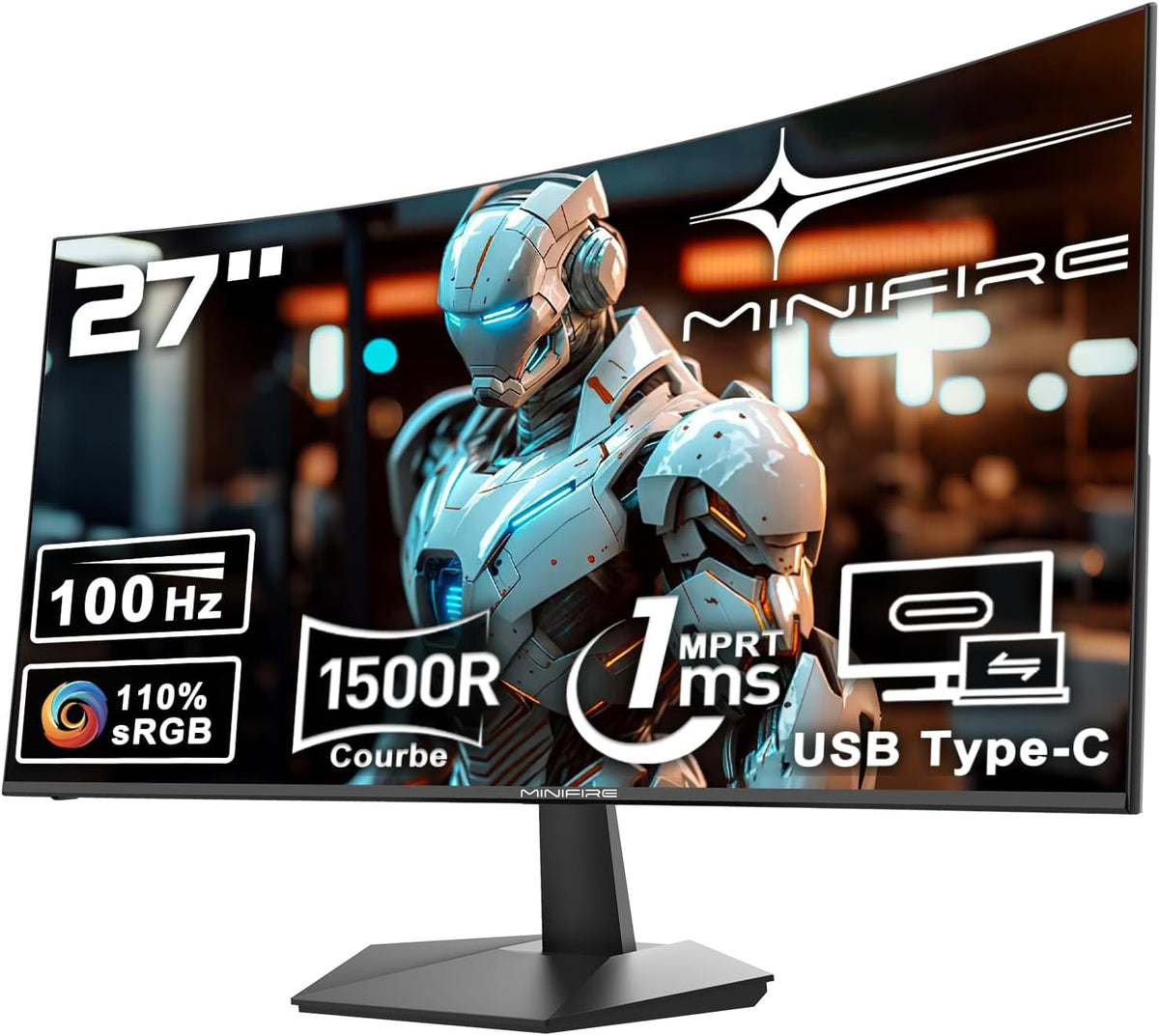 Monitor para PC curvo Minifire de 27 pulgadas y 100 Hz - Panel VA 1500R Full HD (1920 x 1080p), tiempo de respuesta MPRT de 1 ms, sRGB 110 %, filtro de luz azul, HDMI 1.4, Tipo-C 2,5 W, compatible con VESA - MF27C1