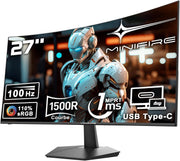 Monitor para PC curvo Minifire de 27 pulgadas y 100 Hz - Panel VA 1500R Full HD (1920 x 1080p), tiempo de respuesta MPRT de 1 ms, sRGB 110 %, filtro de luz azul, HDMI 1.4, Tipo-C 2,5 W, compatible con VESA - MF27C1