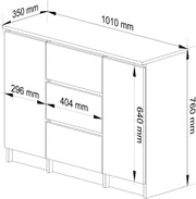 Cómoda AKORD K100 con 3 cajones, armario con 2 puertas y 4 estantes, para salón o dormitorio, moderna, tablero laminado de 16 mm, A101xH76xP35 cm, color roble Sonoma y roble Sonoma