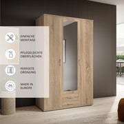 KARL Elegante armario de 3 puertas con gran capacidad de almacenamiento - Armario multiusos color roble Sonoma con puerta de espejo - 120 x 195 x 55 cm