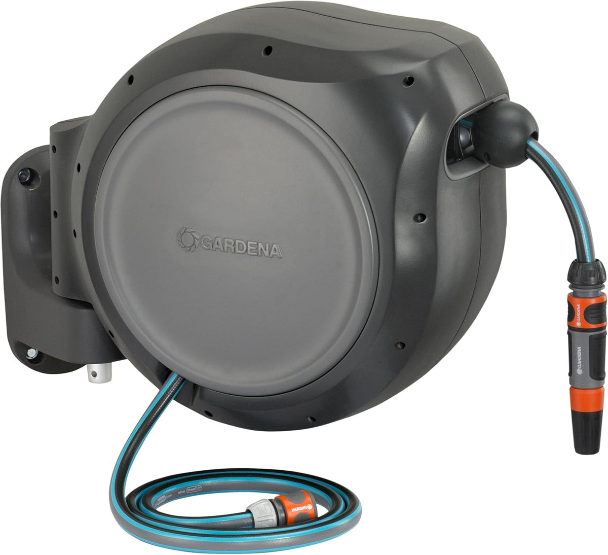 GARDENA 08045 Portamangueras de pared retráctil de 20 m, montaje en pared, retracción automática y bloqueo de longitud para un riego fácil. Soporte giratorio resistente de 180°, boquilla