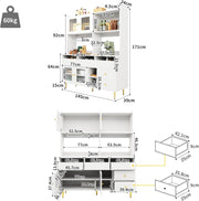 Armario de cocina con espacio de almacenamiento, aparador cómoda con cajones y puerta de cristal, armario alto de 145x39x171 cm con encimera, mueble buffet para cocina, mueble de salón, aparador vitrina (blanco)