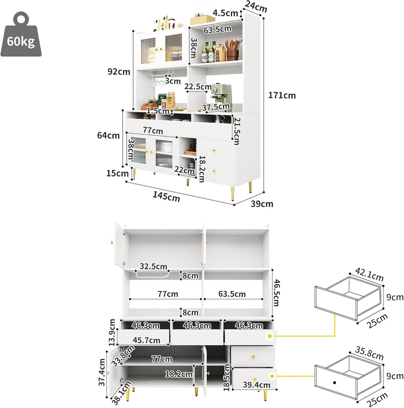 Armario de cocina con espacio de almacenamiento, aparador cómoda con cajones y puerta de cristal, armario alto de 145x39x171 cm con encimera, mueble buffet para cocina, mueble de salón, aparador vitrina (blanco)