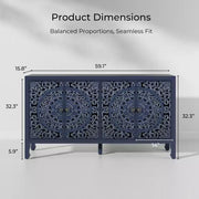 Aparador con almacenamiento, gabinete de almacenamiento con acabado desgastado, 4 puertas talladas y estante ajustable, mueble buffet de madera decorativo