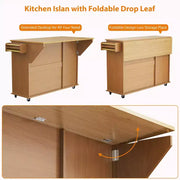 Isla móvil de 55 pulgadas con toma de corriente y mesa plegable, carrito de isla de cocina con ruedas y gabinete para almacenamiento de basura para cocina