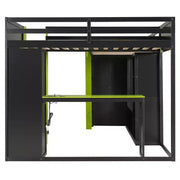 Litera tipo loft en forma de L para juegos con escritorios, litera doble con luces LED, puertos USB, estanterías de almacenamiento, cama alta esquinera de madera para 2 personas