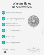 Ventilador de pie silencioso Duux Whisper 2 - Motor CC eficiente con 26 velocidades - Ventilador de altura regulable (73-95 cm) - Oscilación horizontal y vertical - Blanco