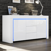 Aparador ModernLuxe LED de alto brillo para salón, armario auxiliar de 140x40x65 cm, 3 cajones y 2 puertas, cómoda moderna con almacenamiento para recibidor, oficina y salón, blanco