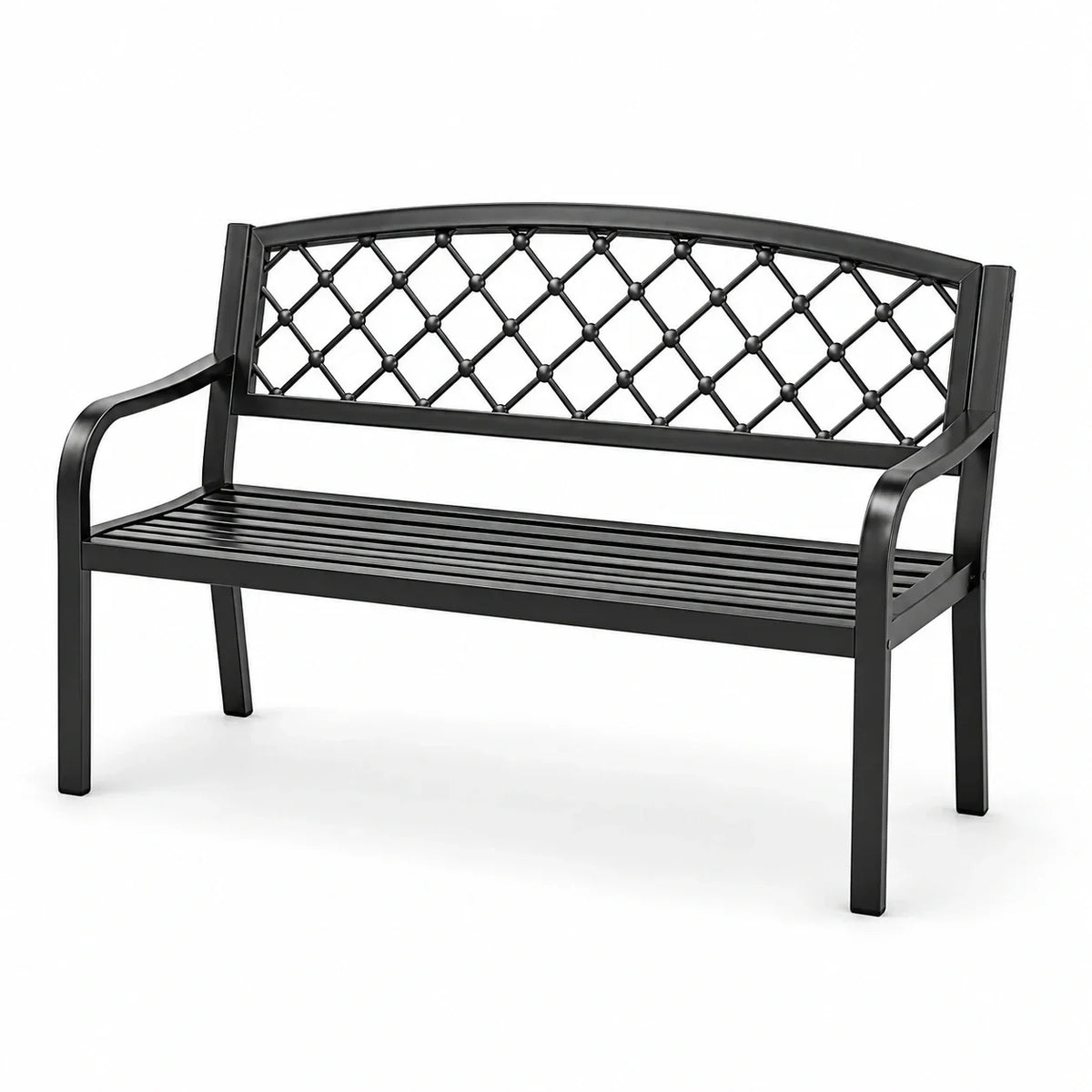 Banco de jardín de metal con respaldo de rombos, 127 cm, negro