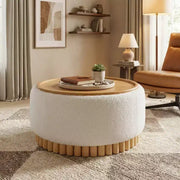 Puf de almacenamiento redondo Polibi con base cilíndrica de madera maciza y tapa reversible