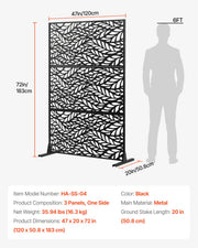 VEVOR Biombo, 120x50,8x183 cm, paredes y paneles de privacidad para exteriores, separador de ambientes independiente con soporte, divisor decorativo para balcón, terraza, interiores, negro