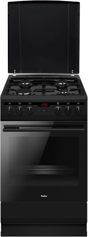 Cocina independiente Amica SHEG 904 000 SM / con placa de gas y horno eléctrico / 50 cm de ancho / negro mate / temporizador / 11 funciones de horno, p. ej. aire caliente