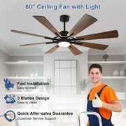 Ventilador de techo con luz, control remoto y 8 aspas grandes de madera