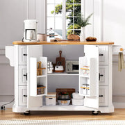 Isla de cocina extensible con alas abatibles, carrito de cocina sobre 4 ruedas con toma de corriente, mesa isla móvil con 2 puertas y 6 cajones