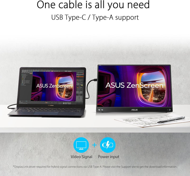 ASUS ZenScreen MB16ACV - Monitor portátil de 15.6" FHD - Teletrabajo o gaming - Alimentación y visualización mediante USB-C o USB-A - Panel IPS - 1920x1080 - Tratamiento antibacteriano - Sin parpadeo (Flicker-free) - Para portátil