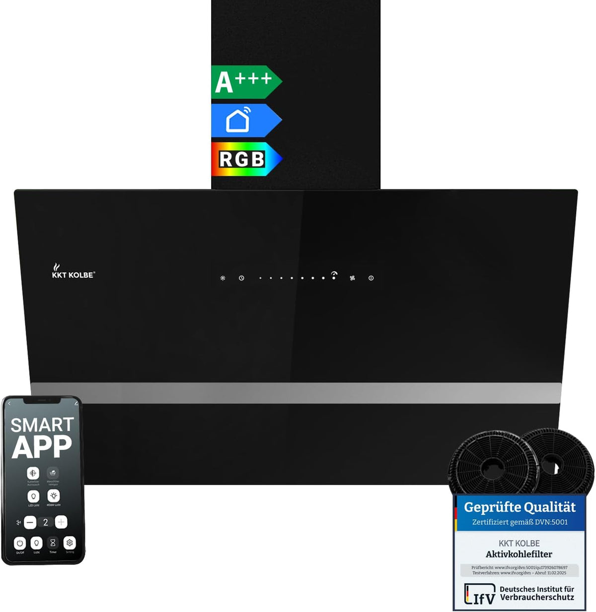 Campana extractora KKT KOLBE 80 cm | 782 m³/h recirculación extracción | Inclinada | Campana de pared | Cristal negro | Smart WiFi App WLAN | Iluminación LED RGBW | EASY8005SM