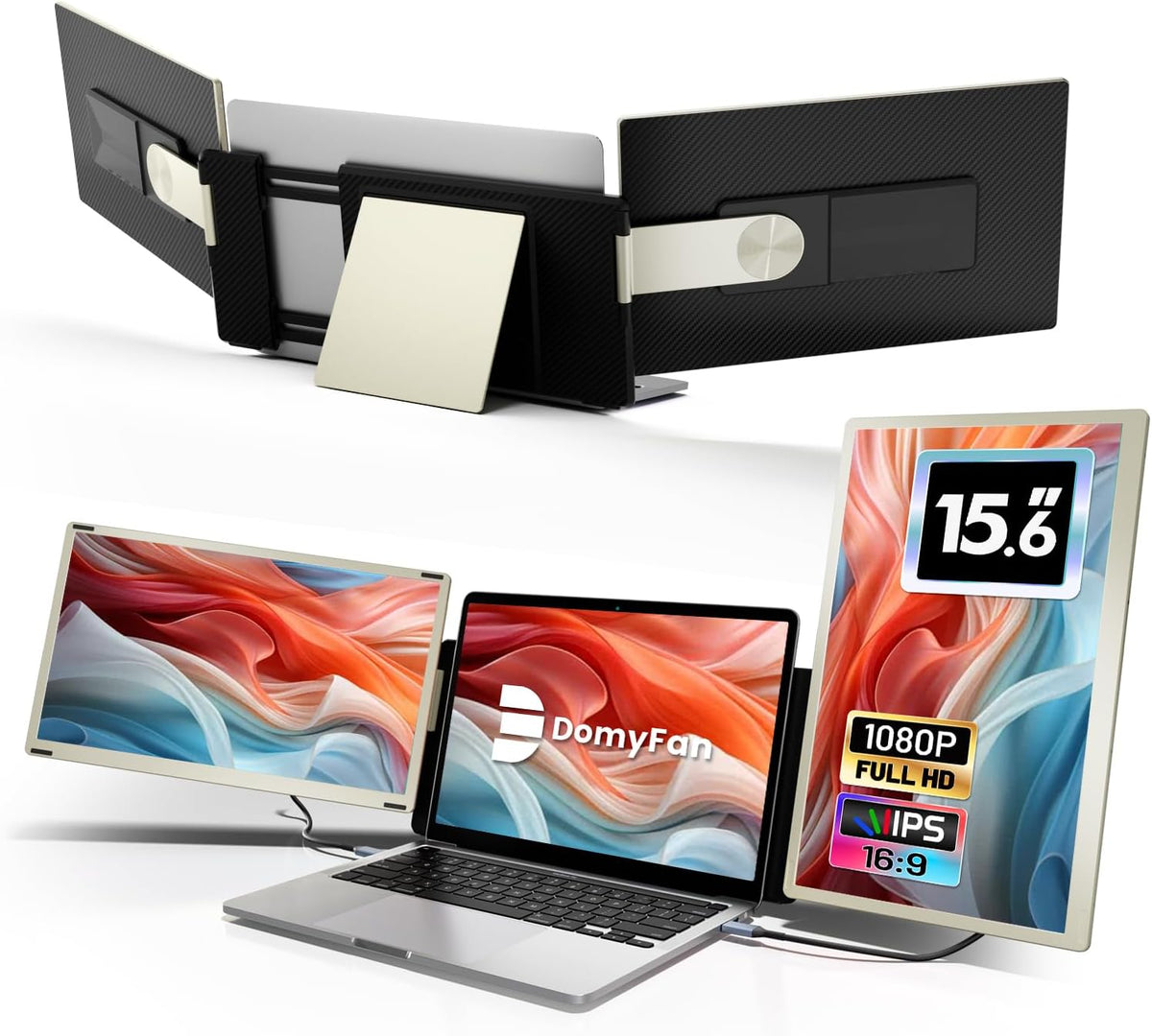 Domyfan Monitor triple portátil de 15,6" para portátil, 120% sRGB FHD 1080P, adecuado para portátiles de todos los tamaños, conexión USB tipo C, HDMI, plug and play, para Mac, Windows, Chrome, Android