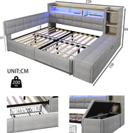 Sofá cama, 140 × 190 cm, con dos cajones, puertos USB y tipo C, compartimento de almacenamiento, banco de almacenamiento en el piecero, tira de luz LED, sin colchón, terciopelo, gris