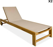 sweeek - Lote de 2 tumbonas de madera de acacia y textileno beige. Multiposiciones con ruedas