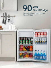 Refrigerador con congelador FOHERE 90L, mininevera pequeña con 7 niveles de temperatura ajustables, eficiente energéticamente y ultrasilenciosa para residencia de estudiantes/oficina, blanco