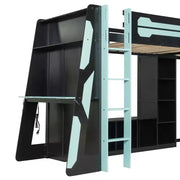 Litera tipo loft en forma de L para juegos con escritorios, litera doble con luces LED, puertos USB, estanterías de almacenamiento, cama alta esquinera de madera para 2 personas